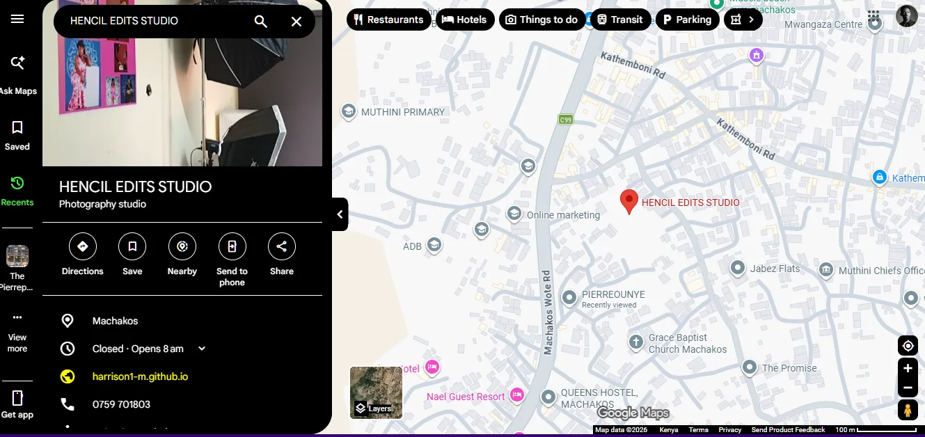 Google Maps profile listing for Hencil Edits Studio photography studio in Machakos